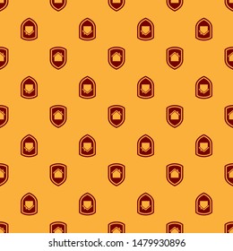 Red House under protection icon isolated seamless pattern on brown background. Home and shield. Protection, safety, security, protect, defense concept.  Vector Illustration