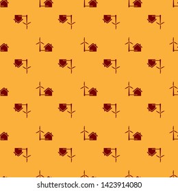 Red House with wind turbine for electric energy generation icon isolated seamless pattern on brown background. Eco-friendly house. Environmental Protection. Vector Illustration