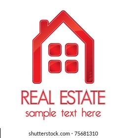 Red house with windows and text