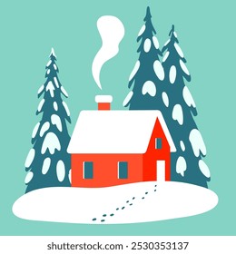 Red house. Winter landscape. Vector illustration. Trendy retro style. 