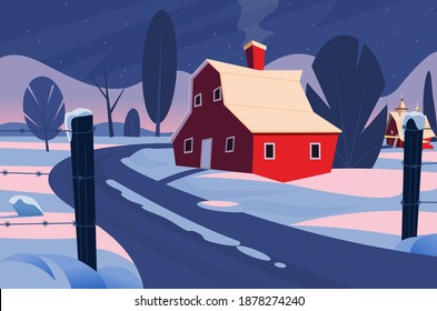 Red house in winter with trees and snow.