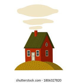 Red house. Wooden Barn house in rustic style on green island. Vector illustration in flat cartoon style on white background