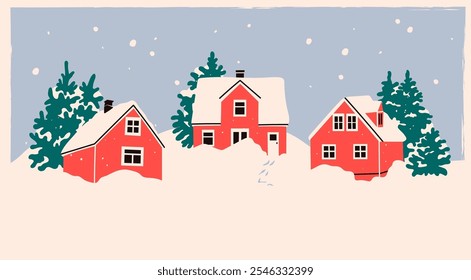 Red Houses in snow, pine trees. Snow village. Scandinavian style home. Hand drawn trendy Vector illustration. Isolated design elements. Building, sweet home, real estate, greeting card, winter concept