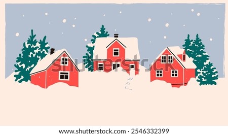Red Houses in snow, pine trees. Snow village. Scandinavian style home. Hand drawn trendy Vector illustration. Isolated design elements. Building, sweet home, real estate, greeting card, winter concept