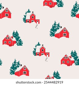 Red Houses in snow and trees. Scandinavian style home. Hand drawn trendy Vector illustration. Building, sweet home, real estate, greeting card, winter concept. Square seamless Pattern, background