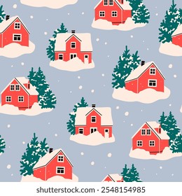 Red Houses in snow and trees. Scandinavian style home. Hand drawn trendy Vector illustration. Building, sweet home, real estate, greeting card, winter concept. Square seamless Pattern, background