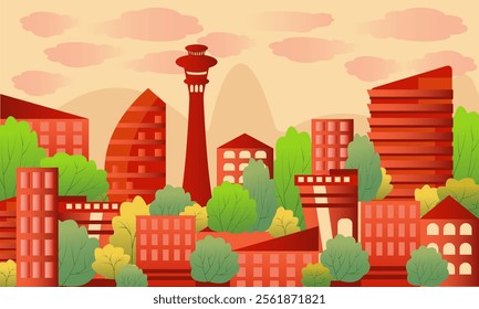 Red houses with trees, red city, houses among trees, cityscape, skyscrapers, towers, houses and trees, cityscape, landscape