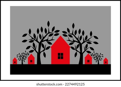 red houses, trees, garden concept vector artwork for design and decoration