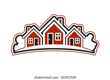 Red houses vector illustration, home image with horizon line. Touristic and real estate creative emblem, cottages front view.