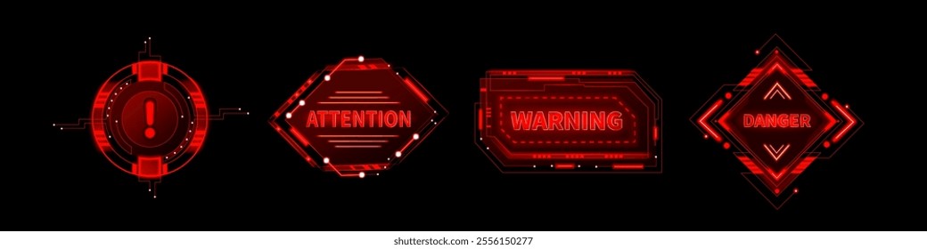 Red hud danger alert. Cyber ui error frame sign. Tech caution hologram for interface. Futuristic scifi warning message graphic element. Military dashboard panel with emergency label and attention