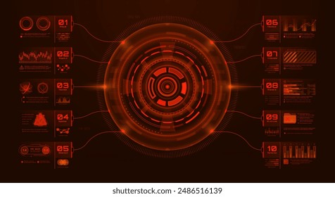 Red hud infographics, vector futuristic, high-tech interface or information display showcases glowing red concentric circle with surrounding panels displaying warnings, data, and icons in sci-fi style