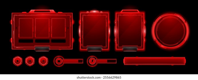 Red hud ui game frame. Futuristic tech interface for hologram danger alert element. Sci fi button and sign board for military message. Abstract high caution neon window template for title or name