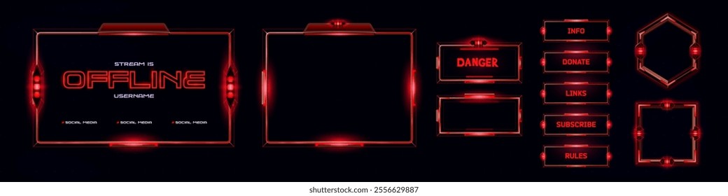 Red hud ui game frame. Cyber and futuristic screen with hologram. Scifi danger alert. Spaceship panel display message for gamer in offline window. Neon techno sign board for esport dashboard