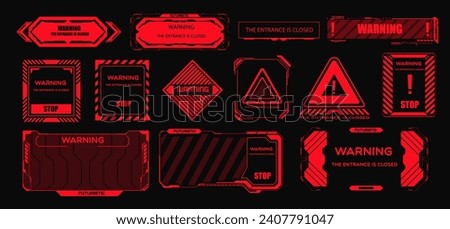 Red HUD warning, danger and alert attention frames. Collection of Futuristic Warning Signs with Neon Outlines and Glowing Edges. Fui tech and digital cyber frames alert warning on screen. Vector