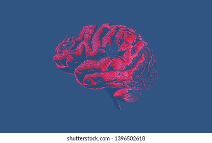 Red human brain cell damaging drawing and texture illustration isolated deep blue background