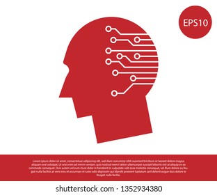 Red Human brain as digital circuit board icon isolated on white background. Artificial Intelligence. Human head outline with circuit lines inside. Vector Illustration