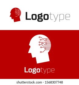 Red Human brain as digital circuit board icon isolated on white background. Artificial Intelligence. Human head outline with circuit lines inside. Logo design template element. Vector Illustration