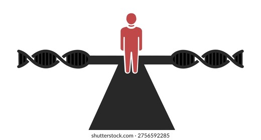 A red human figure stands balanced on a black structure that seamlessly transitions into DNA double helix strands on both sides, symbolizing the profound connection between humanity and genetics.