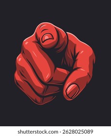 A red human hand on a black background points a finger at the viewer. Vector illustration. 