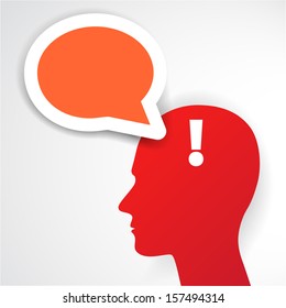 Red human head with exclamation mark symbol and speech bubble on light background. Vector illustration. 