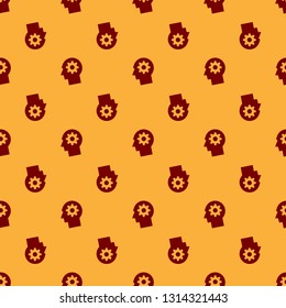 Red Human head with gear inside icon isolated seamless pattern on brown background. Artificial intelligence. Thinking brain sign. Symbol work of brain. Vector Illustration