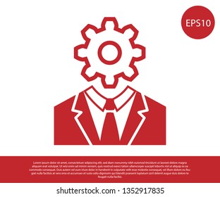 Red Human head with gear inside icon isolated on white background. Artificial intelligence. Thinking brain sign. Symbol work of brain. Vector Illustration