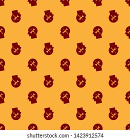 Red Human head with with screwdriver and wrench icon isolated seamless pattern on brown background. Artificial intelligence. Symbol work of brain.  Vector Illustration