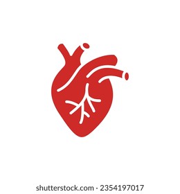 Icono rojo del corazón humano. Sencillo, sólido y plano. Órgano interno, real, cardiología, anatomía cardíaca, concepto médico. Silueta, símbolo de glifo. Ilustración vectorial aislada en fondo blanco. EPS 10.