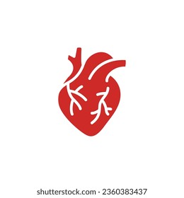 Rotes menschliches Herz Symbol. Einfach solider, flacher Stil. Inneres Organ, real, Kardiologie, kardiale Anatomie, medizinisches Konzept. Silhouette, Glyph-Symbol. Vektorgrafik einzeln auf weißem Hintergrund. EPS10.