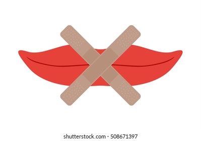 Red human lips in flat style with little smile and plaster on mouth. Illustration of lips isolated in white background.