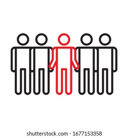 Roter Mensch in der Gruppe der Menschen. Einfaches Design. Vektorillustration der Linie. Einzeln auf weißem Hintergrund.