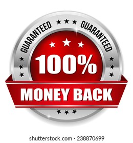 Red hundred percent money back badge with ribbon on white background