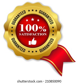 Red hundred percent satisfaction badge with ribbon on white background