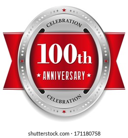Red hundred year anniversary badge with ribbon
