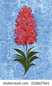 Red hyacinth flower and blue marbling background decoration vector design. Traditional Turkish ebru technique