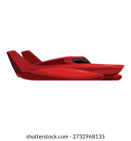 Red hydroplane speedboat gliding on water surface, side view