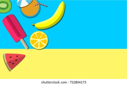 Red ice cream bar, banana, orange juice, kiwi fruit, orange and a piece of water melon on the blue-yellow pastel color background with copy space