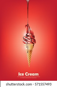 Red ice cream in the cone, Pour chocolate syrup, strawberry raspberry fruit flavor, transparent Vector