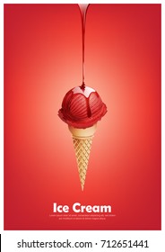 Red ice cream cone, Pour melted red syrup, strawberry raspberry fruit flavor, Vector illustration