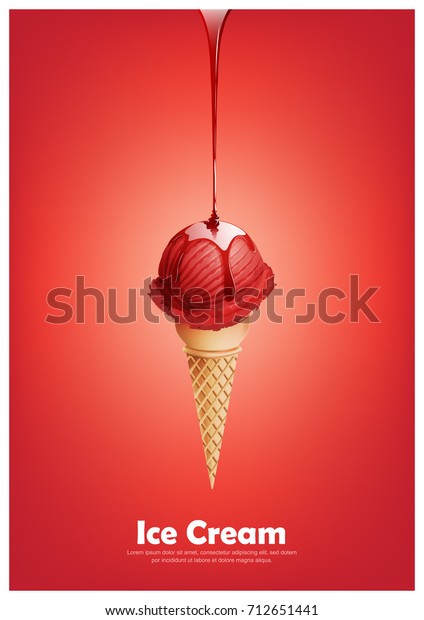 Red ice cream cone, Pour\
melted red syrup, strawberry raspberry fruit flavor, Vector\
illustration