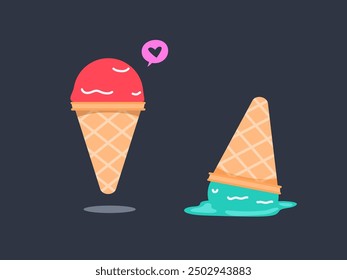 The red ice cream and the fallen one. Isolated Vector Illustration