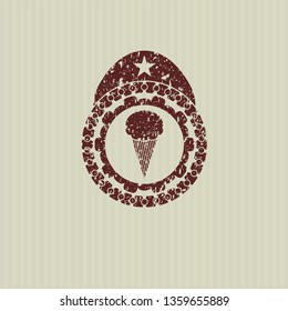 Red ice cream icon inside distressed rubber stamp with grunge texture