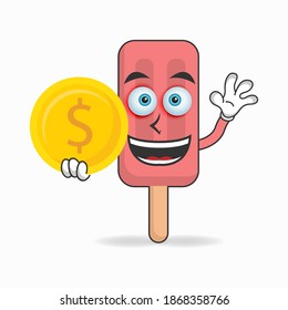 Red Ice Cream mascot character holding coins. vector illustration