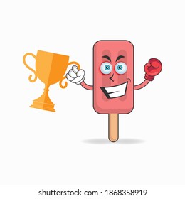 The Red Ice Cream mascot character wins a boxing trophy. vector illustration