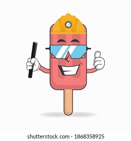 The Red Ice Cream Mascot Character Becomes A Mining Officer. Vector Illustration