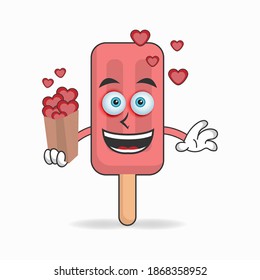 Red Ice Cream mascot character holding a love icon. vector illustration