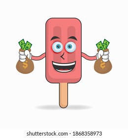 Red Ice Cream mascot character holding money. vector illustration