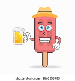 The Red Ice Cream mascot character is holding a glass filled with a drink. vector illustration
