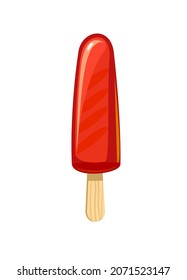 Red Ice cream. Summer food sweet dessert. Flat design. Object is isolated on a white background. Popsicle on a stick. Illustration Vector.