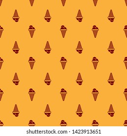 Red Ice cream in waffle cone icon isolated seamless pattern on brown background. Sweet symbol. Vector Illustration